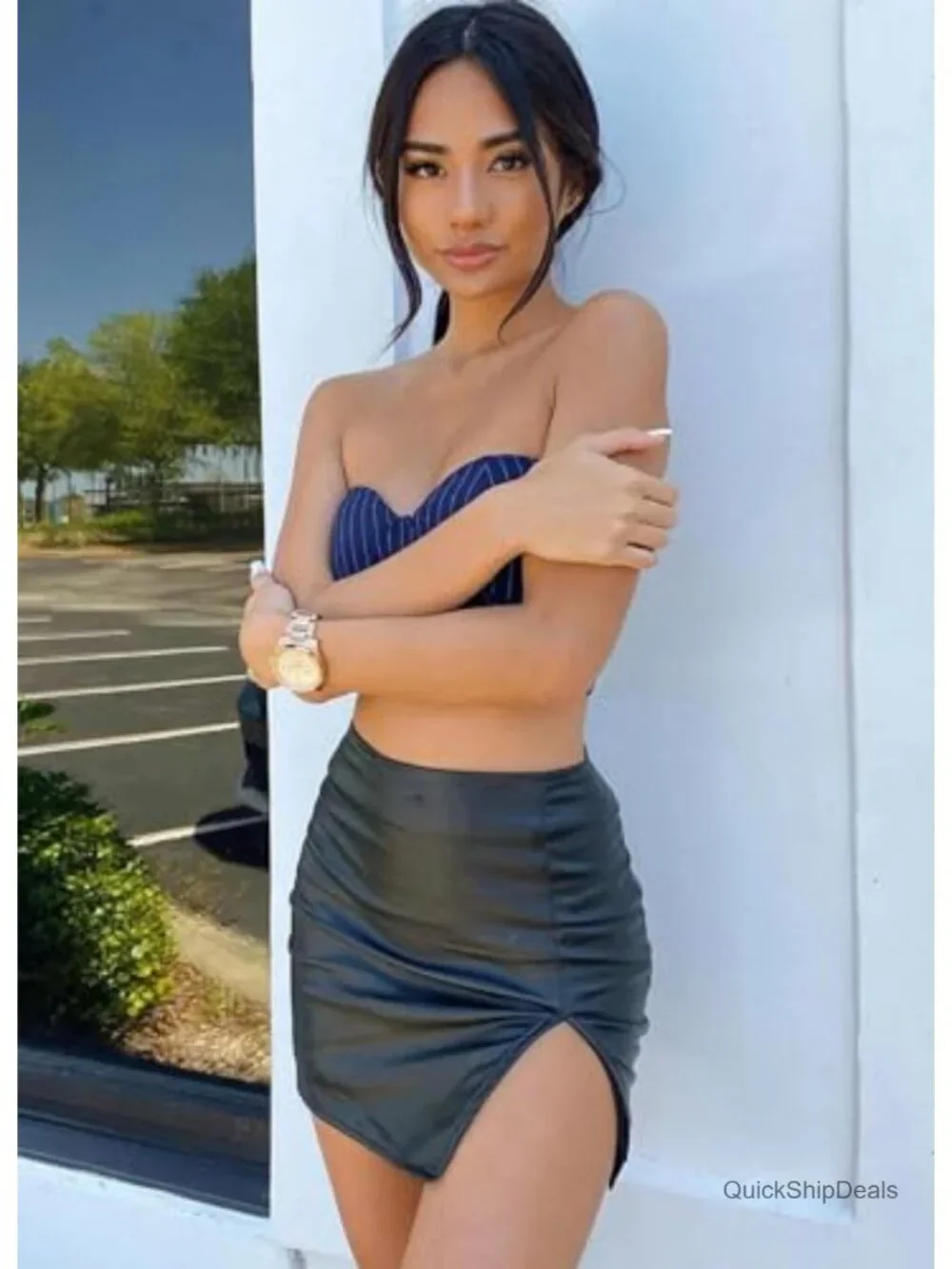 Women Faux Leather Bodycon High Waisted Mini Skirt Asymmetrical Split Hem Wrap